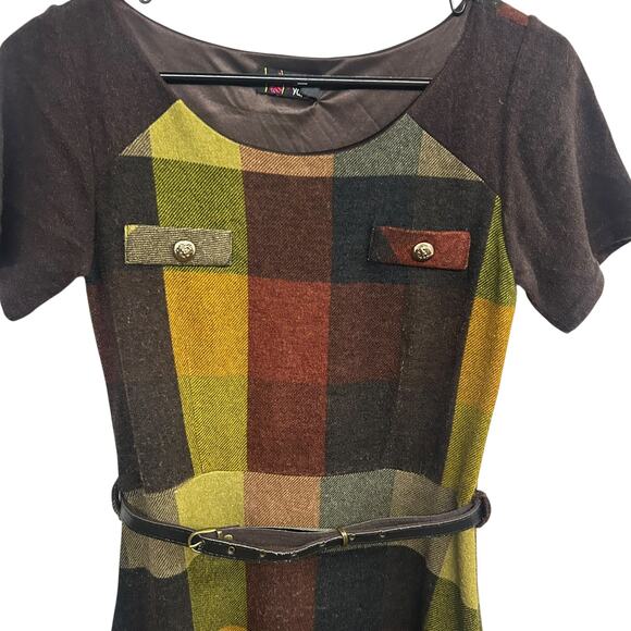 Retro Fall Plaid Dress Yumi Mod Colorblock Belted Mini Size S - Picture 2 of 7